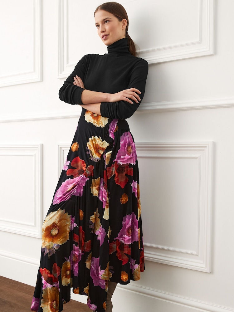 Schwarz/Blumenmuster - Preen X Next Asymmetrischer Midirock mit Raffung - Bild 1 von 5