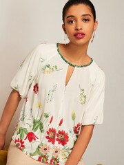 Ecru/Creme mit Blumenmuster - Top mit 3/4-Ärmel und Schlitzausschnitt - Bild 1 von 5
