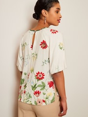 Ecru/Creme mit Blumenmuster - Top mit 3/4-Ärmel und Schlitzausschnitt - Bild 3 von 5