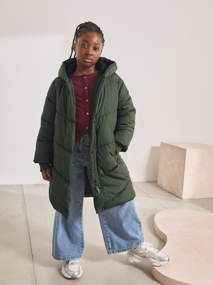 Khaki Green Regular Length Shower Resistant Faux Fur Lined Hooded Padded Coat (3-16yrs) - Image 1 of 9