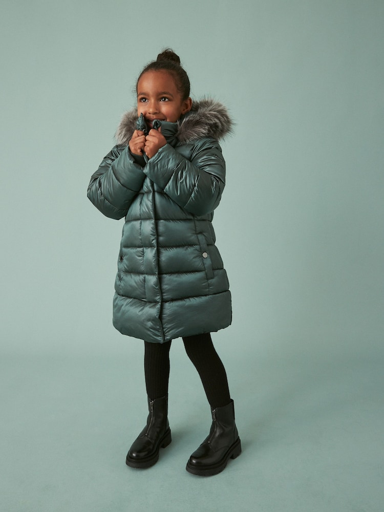 Green Shower Resistant Faux Fur Trim Padded Coat (3-16yrs) - Image 1 of 11
