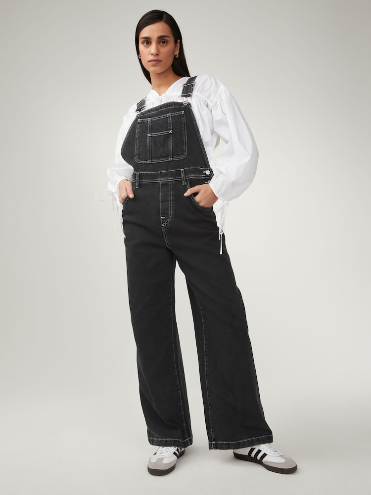 Black Denim Wide Leg Dungarees - Image 1 of 6