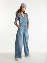 Mid Blue 100% Cotton Denim Wide Leg Dungarees - Image 1 of 4