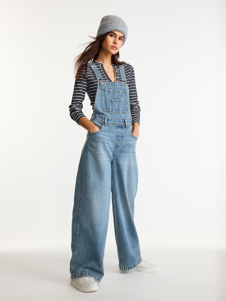 Mid Blue 100% Cotton Denim Wide Leg Dungarees - Image 1 of 4