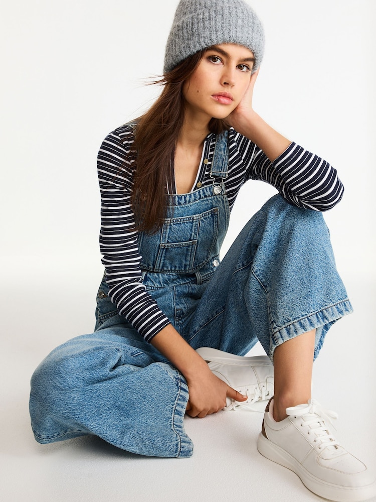 Mid Blue 100% Cotton Denim Wide Leg Dungarees - Image 2 of 4