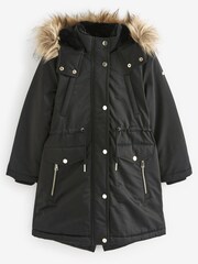 Black Shower Resistant Faux Fur Trim Parka (3-16yrs) - Image 6 of 8