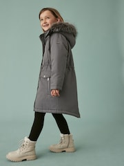 Charcoal Grey Shower Resistant Faux Fur Trim Parka (3-16yrs) - Image 8 of 9