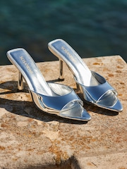 Sosandar Silver Leather Flared Heel Pointed Toe Mules - Image 1 of 5