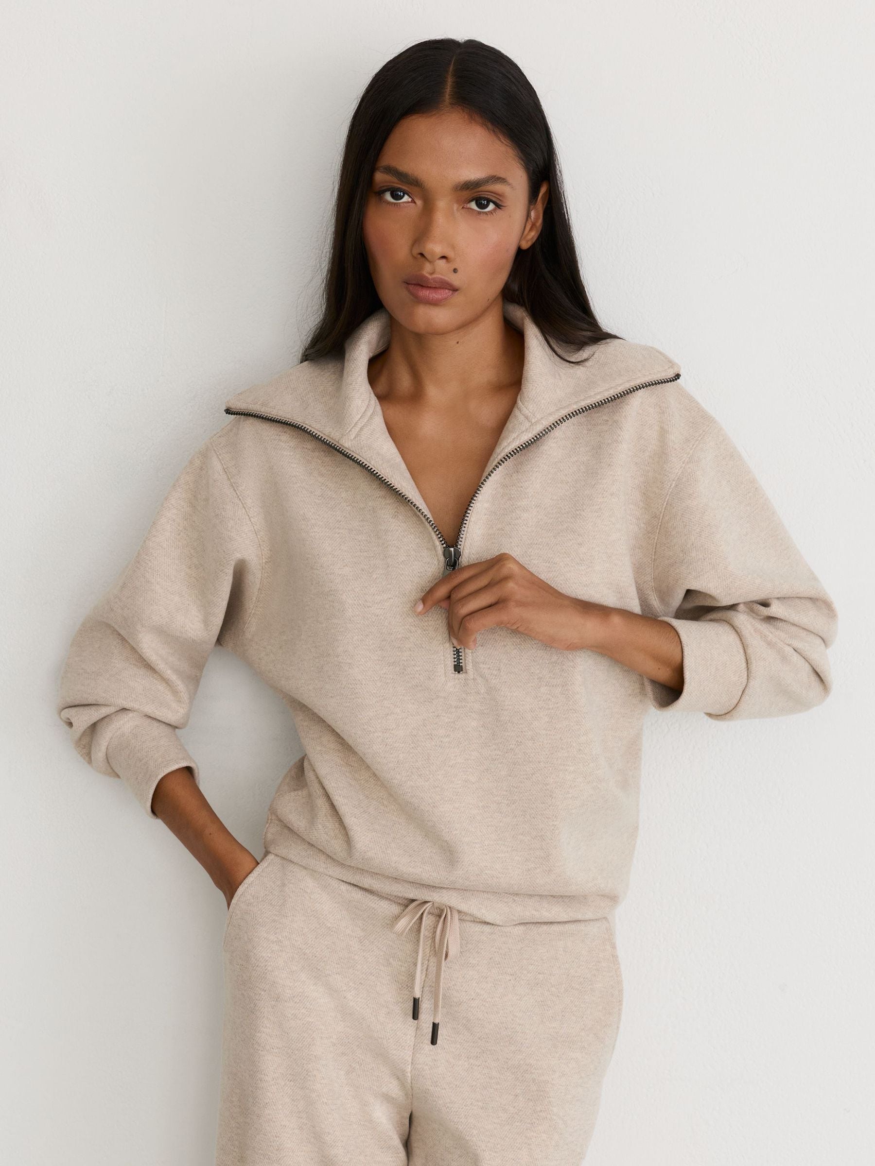 Reiss Neutral Mina Herringbone Half-zip Sweatshirt