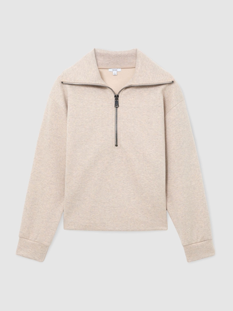 Reiss Neutral Mina Herringbone Half-Zip Sweatshirt - Image 2 of 6 Reiss Neutral Mina Herringbone Half-Zip Sweatshirt - Image 2 of 6