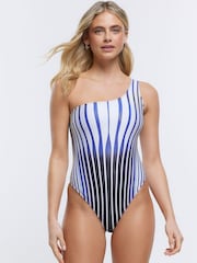 River Island Dark Blue One Shoulder Zebra Print Swimsuit - Image 1 of 6