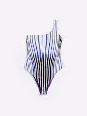 River Island Dark Blue One Shoulder Zebra Print Swimsuit - Image 5 of 6