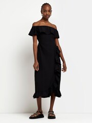 River Island Black Bardot Frill Midi Dress - Image 1 of 5