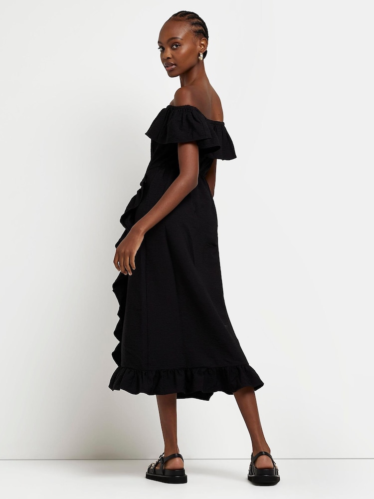 River Island Black Bardot Frill Midi Dress - Image 2 of 5