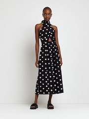 River Island Black Halter Neck Cotton/Linen Mix Midi Dress - Image 1 of 5