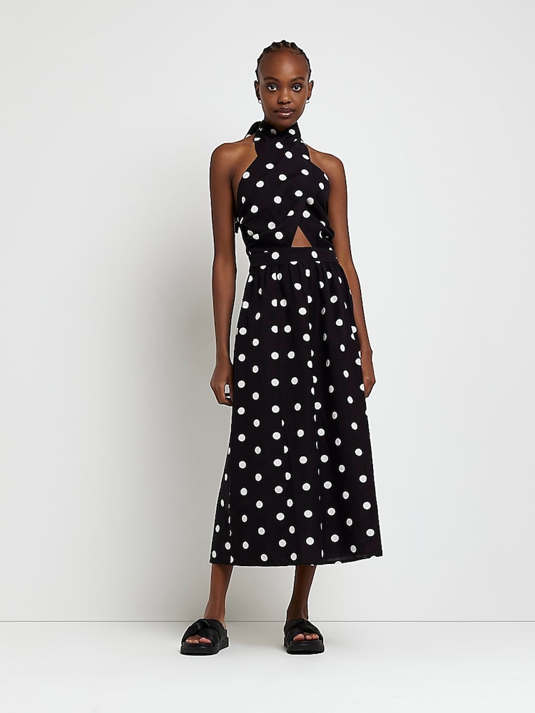 River Island Black Halter Neck Cotton/Linen Mix Midi Dress - Image 1 of 5 River Island Black Halter Neck Cotton/Linen Mix Midi Dress - Image 1 of 5