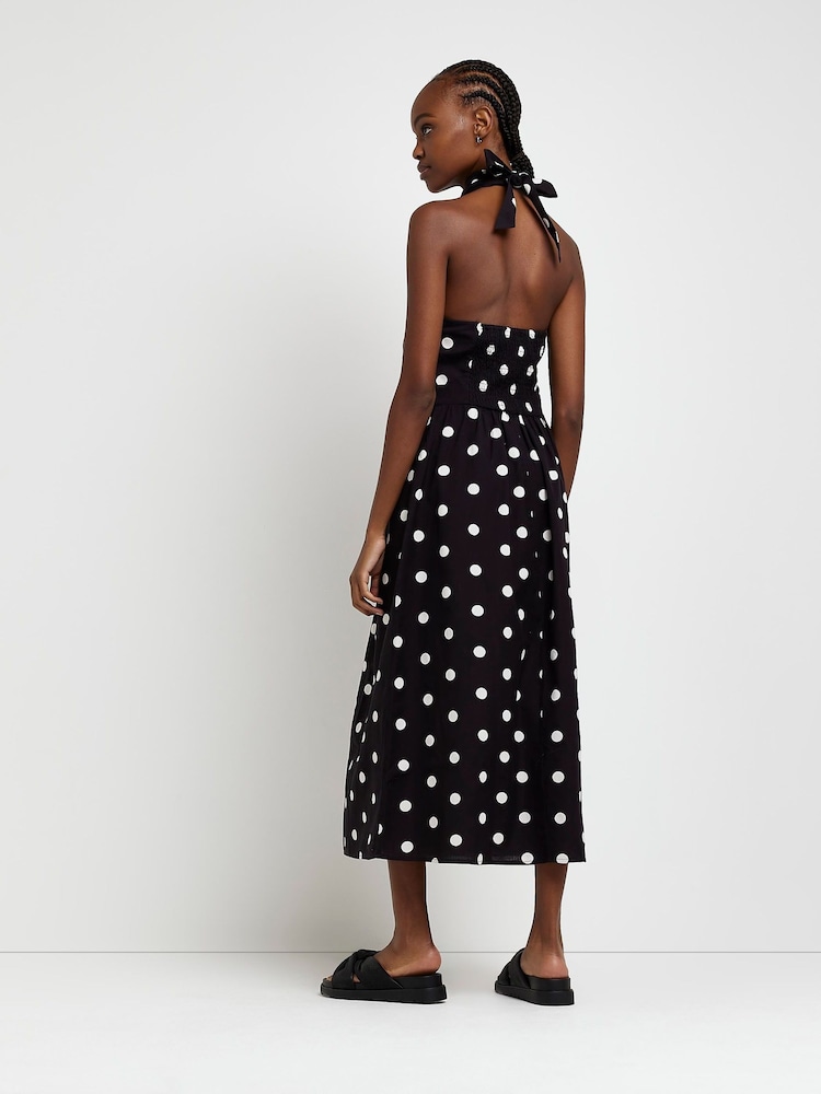 River Island Black Halter Neck Cotton/Linen Mix Midi Dress - Image 2 of 5