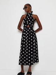 River Island Black Halter Neck Cotton/Linen Mix Midi Dress - Image 3 of 5