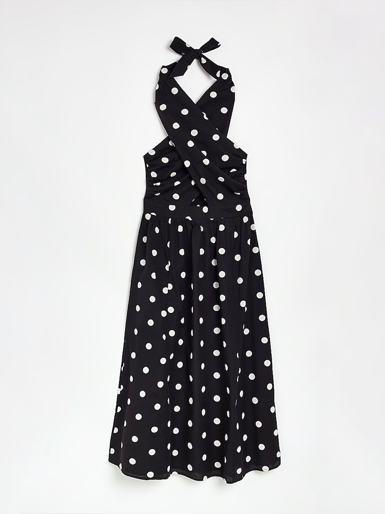 River Island Black Halter Neck Cotton/Linen Mix Midi Dress - Image 5 of 5