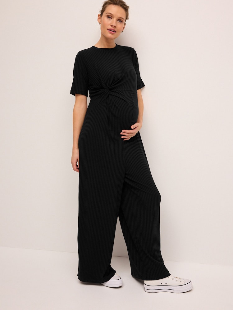 Black Ribbed Knot Side Jumpsuit - Image 1 of 7
