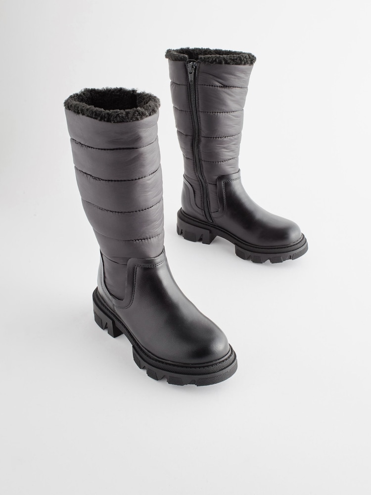 Black Quilted Warm Lined Tall Chunky Boots - Image 1 of 5