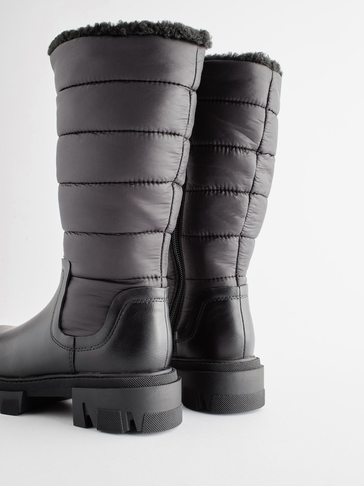Black Quilted Warm Lined Tall Chunky Boots - Image 3 of 5
