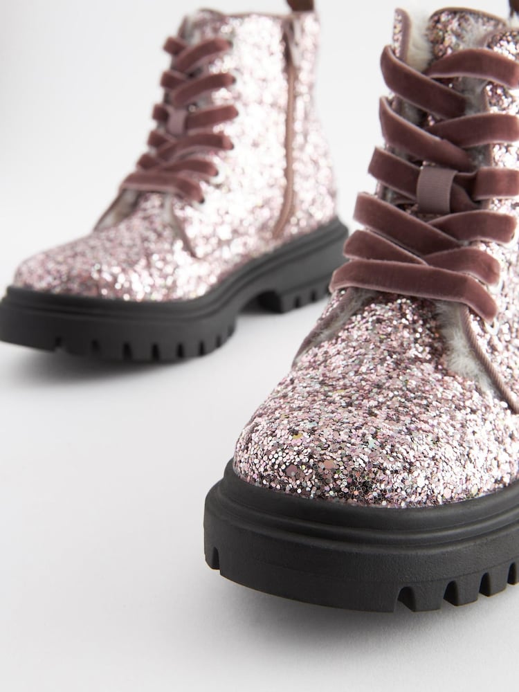 Pink Glitter Chunky Lace-Up Warm Lined Boots - Image 3 of 5