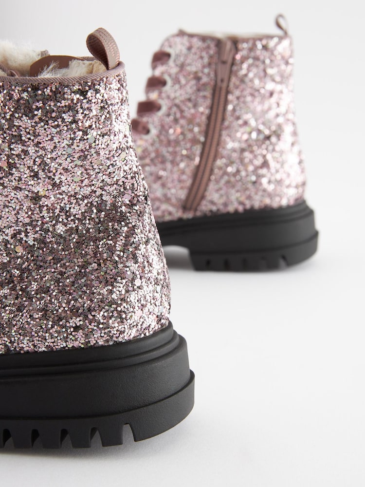 Pink Glitter Chunky Lace-Up Warm Lined Boots - Image 4 of 5
