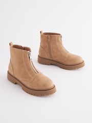 Neutral Brown Zip Front Chunky Boots - Image 1 of 6