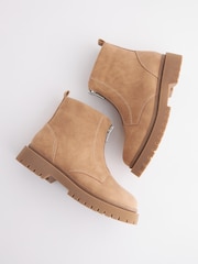 Neutral Brown Zip Front Chunky Boots - Image 3 of 6