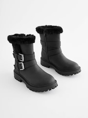 Schwarz - Warme Stiefel mit Schnallenriemen und Fellimitatfutter - Bild 1 von 6