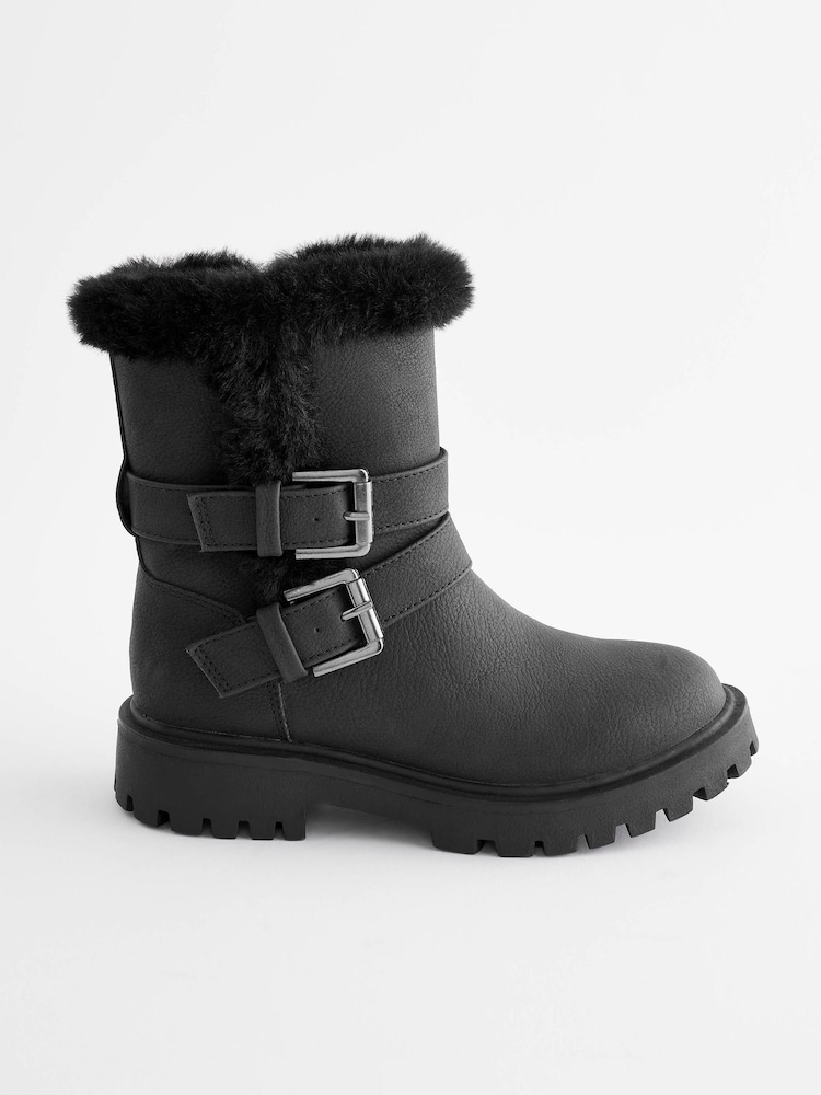 Schwarz - Warme Stiefel mit Schnallenriemen und Fellimitatfutter - Bild 2 von 6