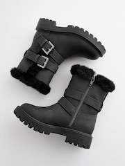 Schwarz - Warme Stiefel mit Schnallenriemen und Fellimitatfutter - Bild 3 von 6