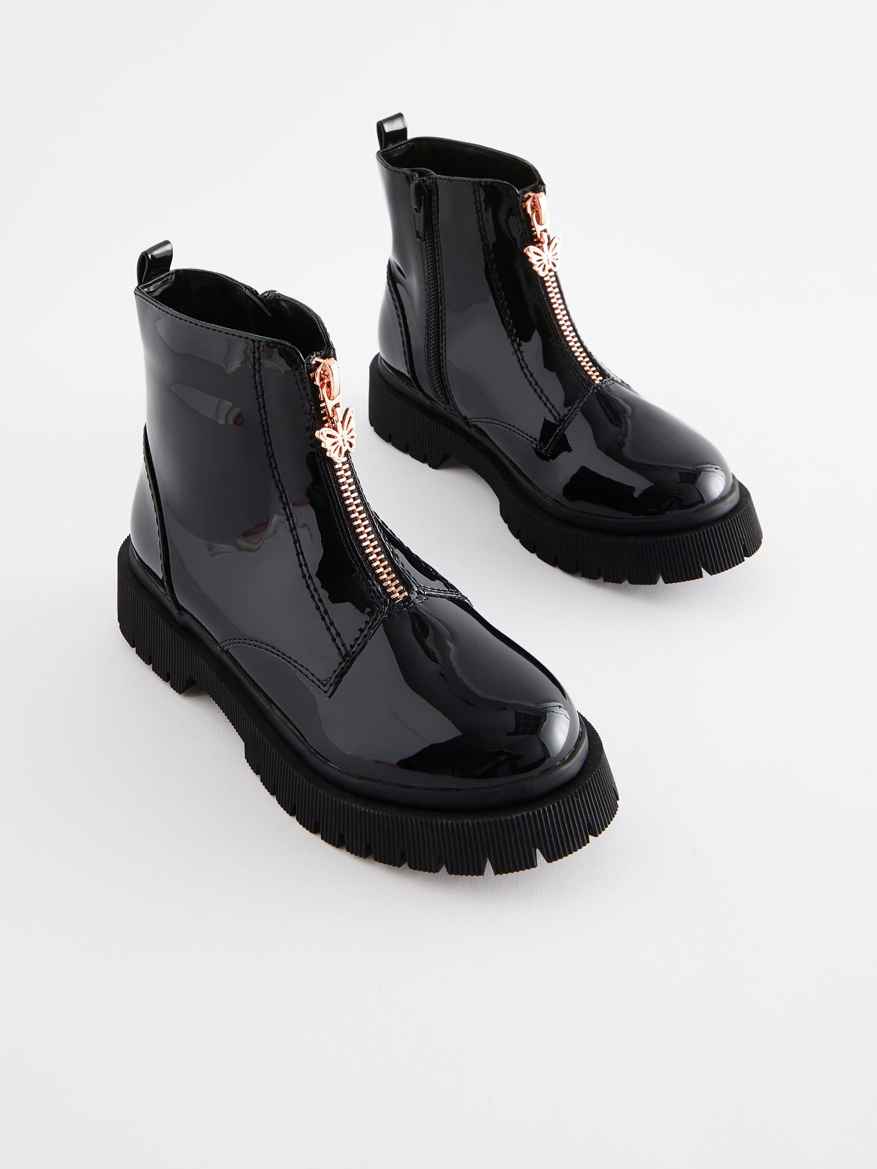 Buy Black Patent Zip Front Chunky Boots from Next Luxembourg