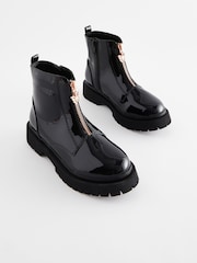 Black Patent Zip Front Chunky Boots - Image 1 of 6