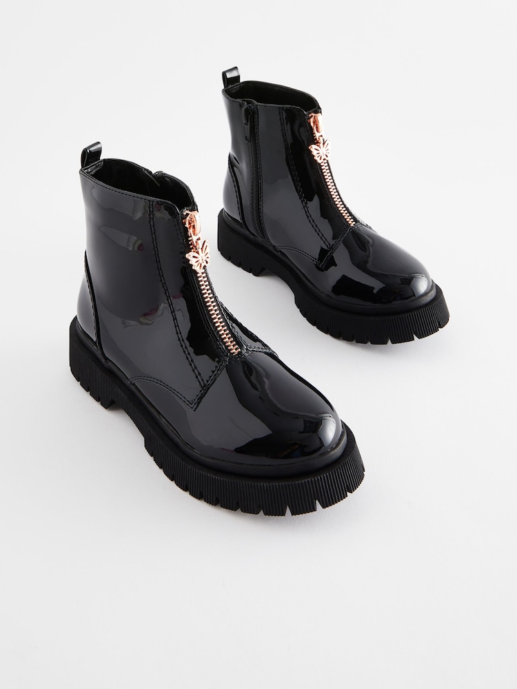 Black Patent Zip Front Chunky Boots - Image 1 of 6