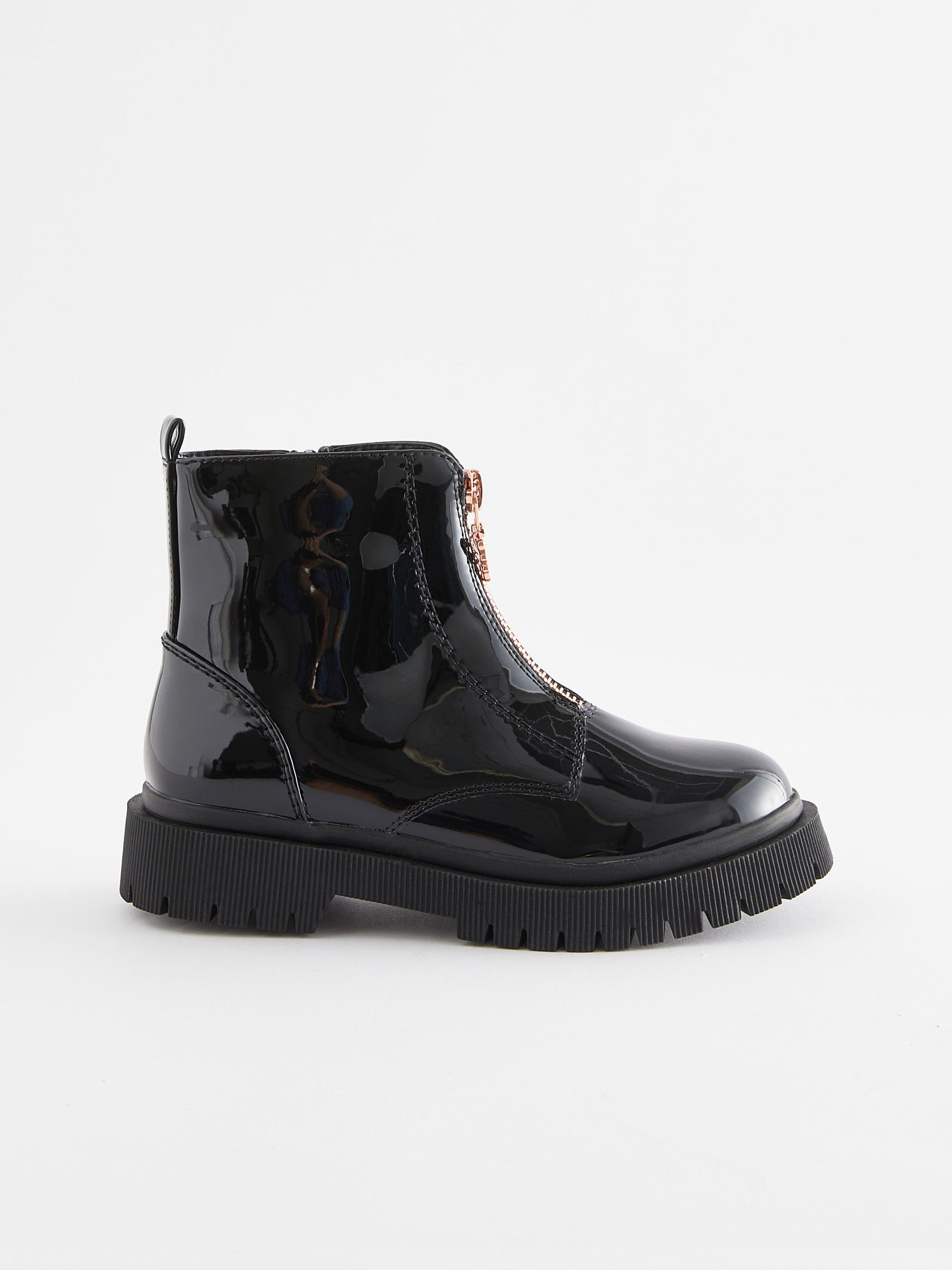 Buy Black Patent Zip Front Chunky Boots from Next Luxembourg