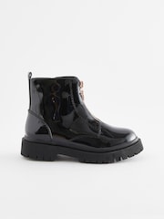 Black Patent Zip Front Chunky Boots - Image 2 of 6