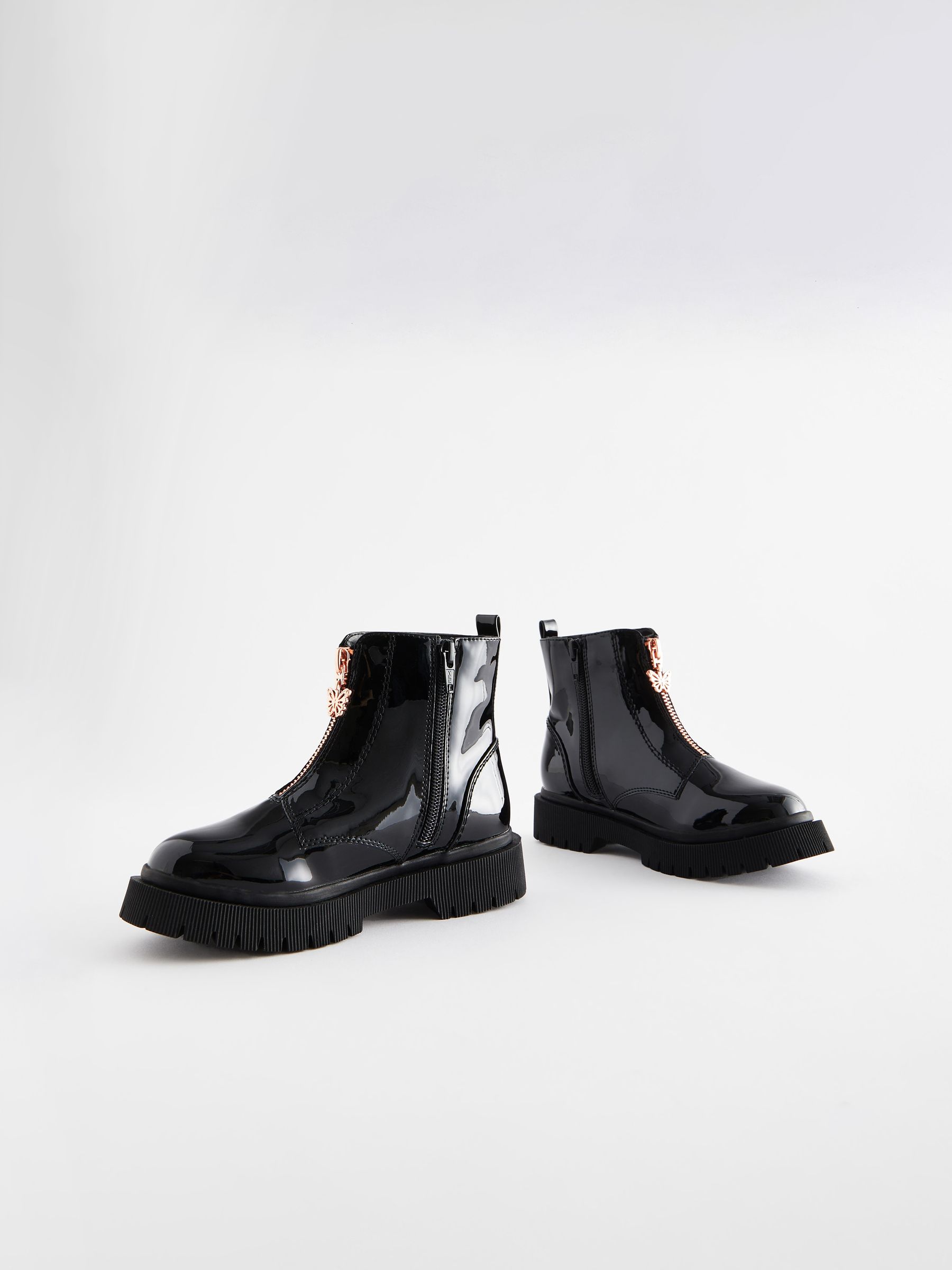 Buy Black Patent Zip Front Chunky Boots from Next Luxembourg