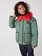 Paul Smith Junior Girls Khaki Green Faux Fur Trim Quilted Jacket - Image 1 of 9