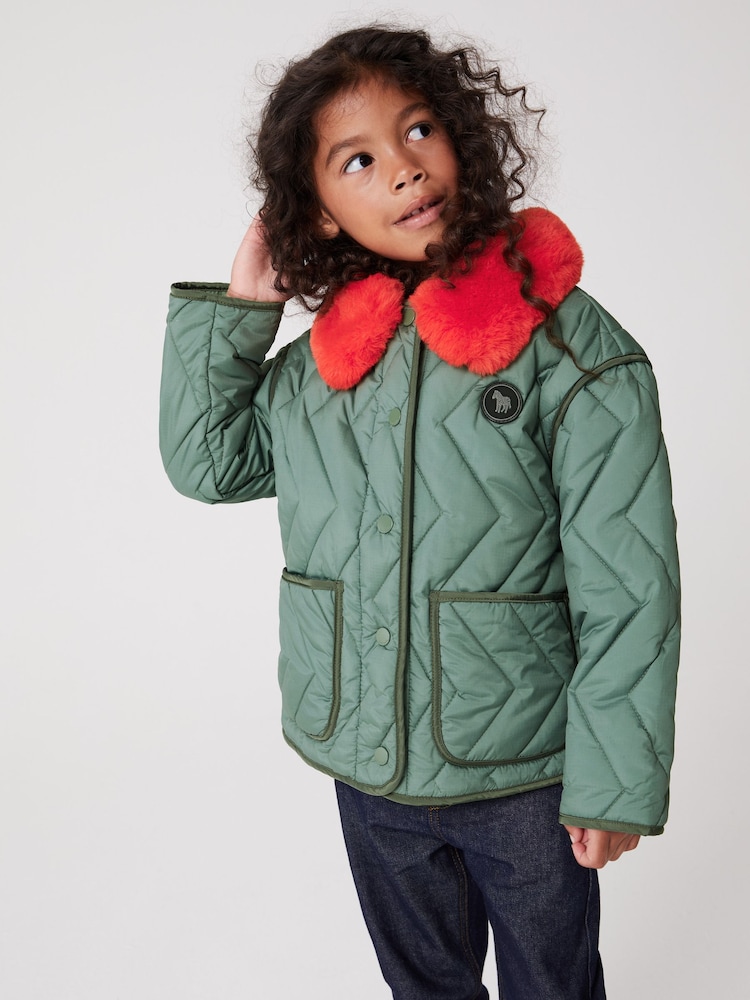 Paul Smith Junior Girls Khaki Green Faux Fur Trim Quilted Jacket - Image 1 of 9
