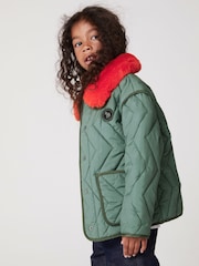 Paul Smith Junior Girls Khaki Green Faux Fur Trim Quilted Jacket - Image 3 of 9