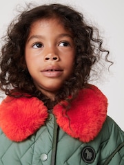 Paul Smith Junior Girls Khaki Green Faux Fur Trim Quilted Jacket - Image 4 of 9