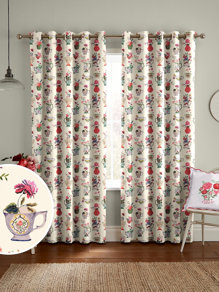 Cath Kidston Cream Cups And Vases Made To Measure 100% Cotton Curtains - Image 1 of 9