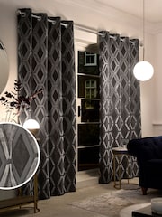 Charcoal Grey Collection Luxe Heavyweight Geometric Cut Velvet Blackout/Thermal Eyelet Curtains - Image 1 of 6
