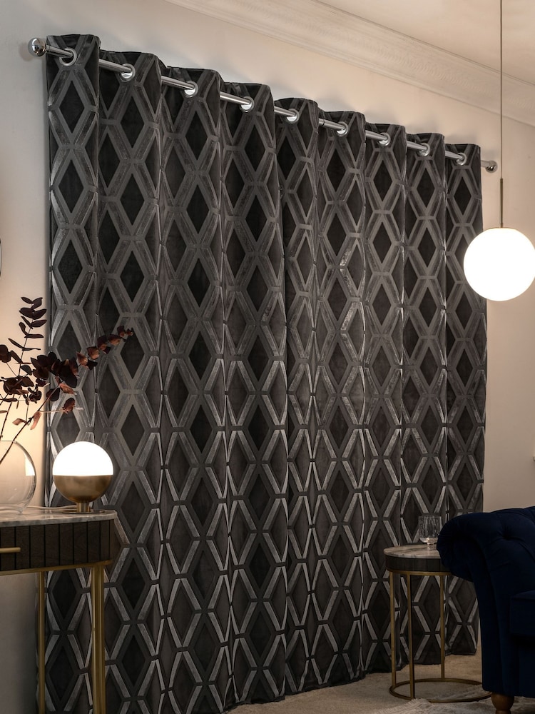 Charcoal Grey Collection Luxe Heavyweight Geometric Cut Velvet Blackout/Thermal Eyelet Curtains - Image 2 of 6