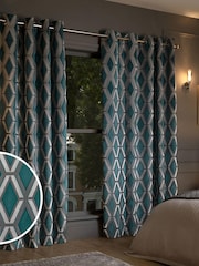 Teal Blue Collection Luxe Heavyweight Geometric Cut Velvet Blackout/Thermal Eyelet Curtains - Image 1 of 7
