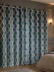 Teal Blue Collection Luxe Heavyweight Geometric Cut Velvet Blackout/Thermal Eyelet Curtains - Image 2 of 7