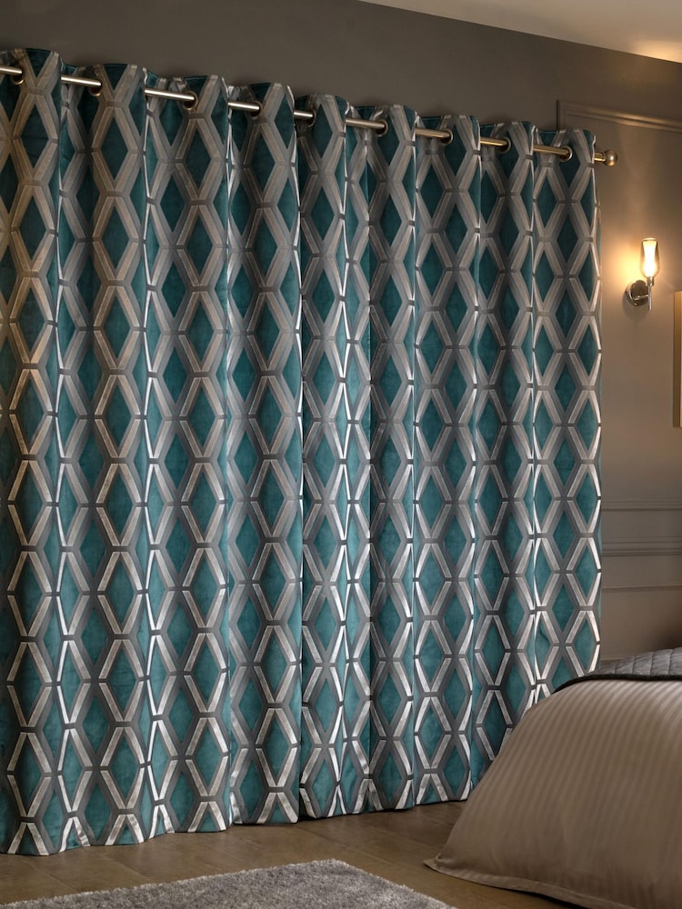 Teal Blue Collection Luxe Heavyweight Geometric Cut Velvet Blackout/Thermal Eyelet Curtains - Image 2 of 7
