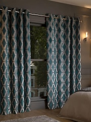 Teal Blue Collection Luxe Heavyweight Geometric Cut Velvet Blackout/Thermal Eyelet Curtains - Image 3 of 7